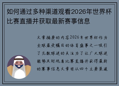 如何通过多种渠道观看2026年世界杯比赛直播并获取最新赛事信息